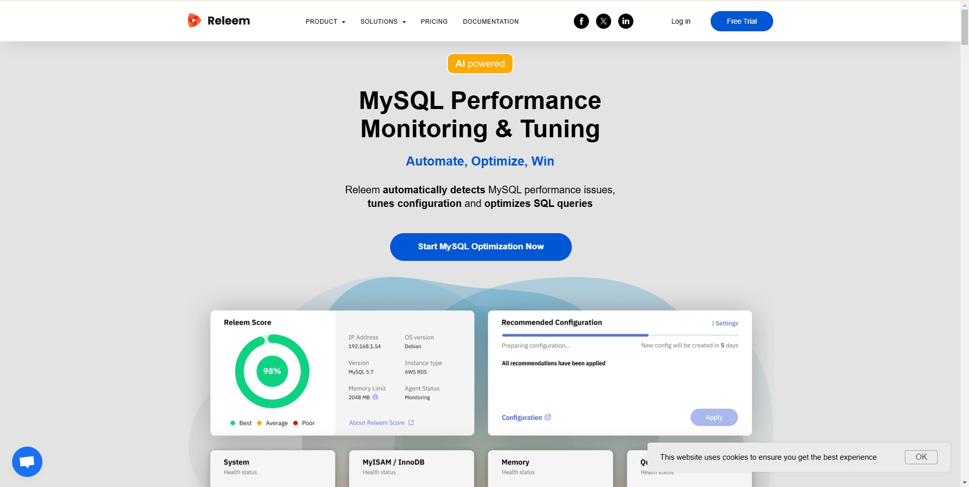 Releem MySQL performance monitoring and optimization tool for developers and database administrators