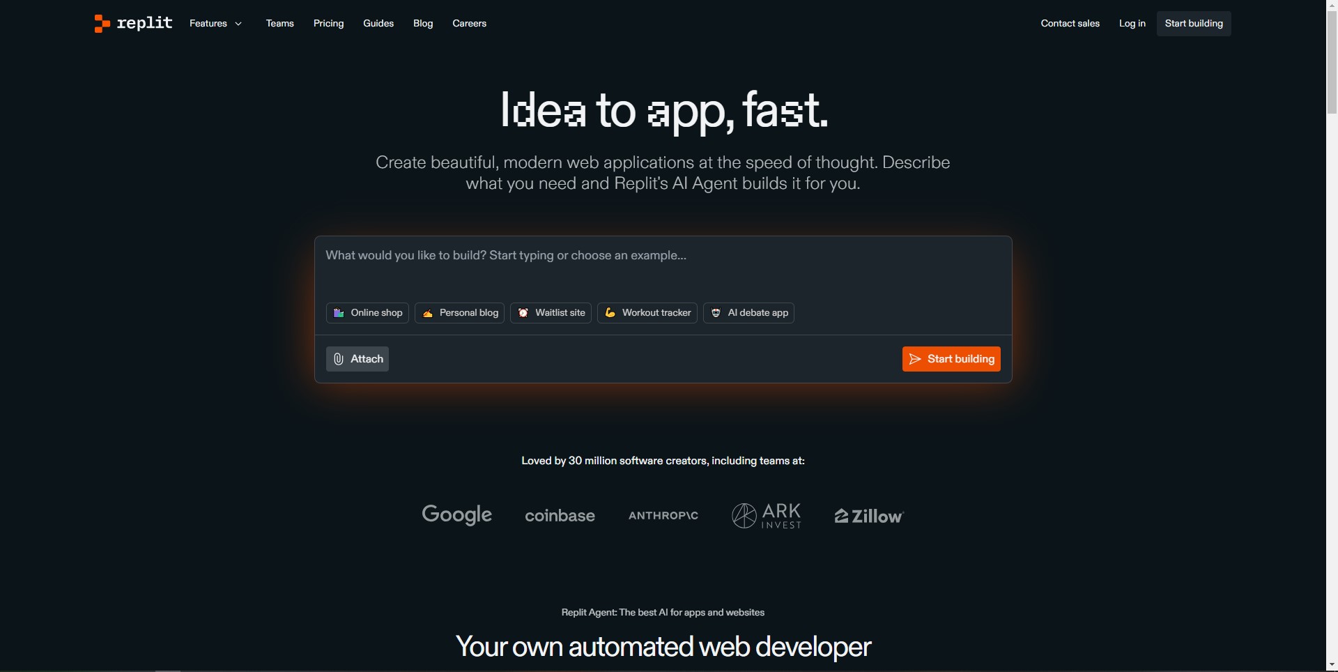 Replit's browser-based IDE showcasing its features and collaboration tools.