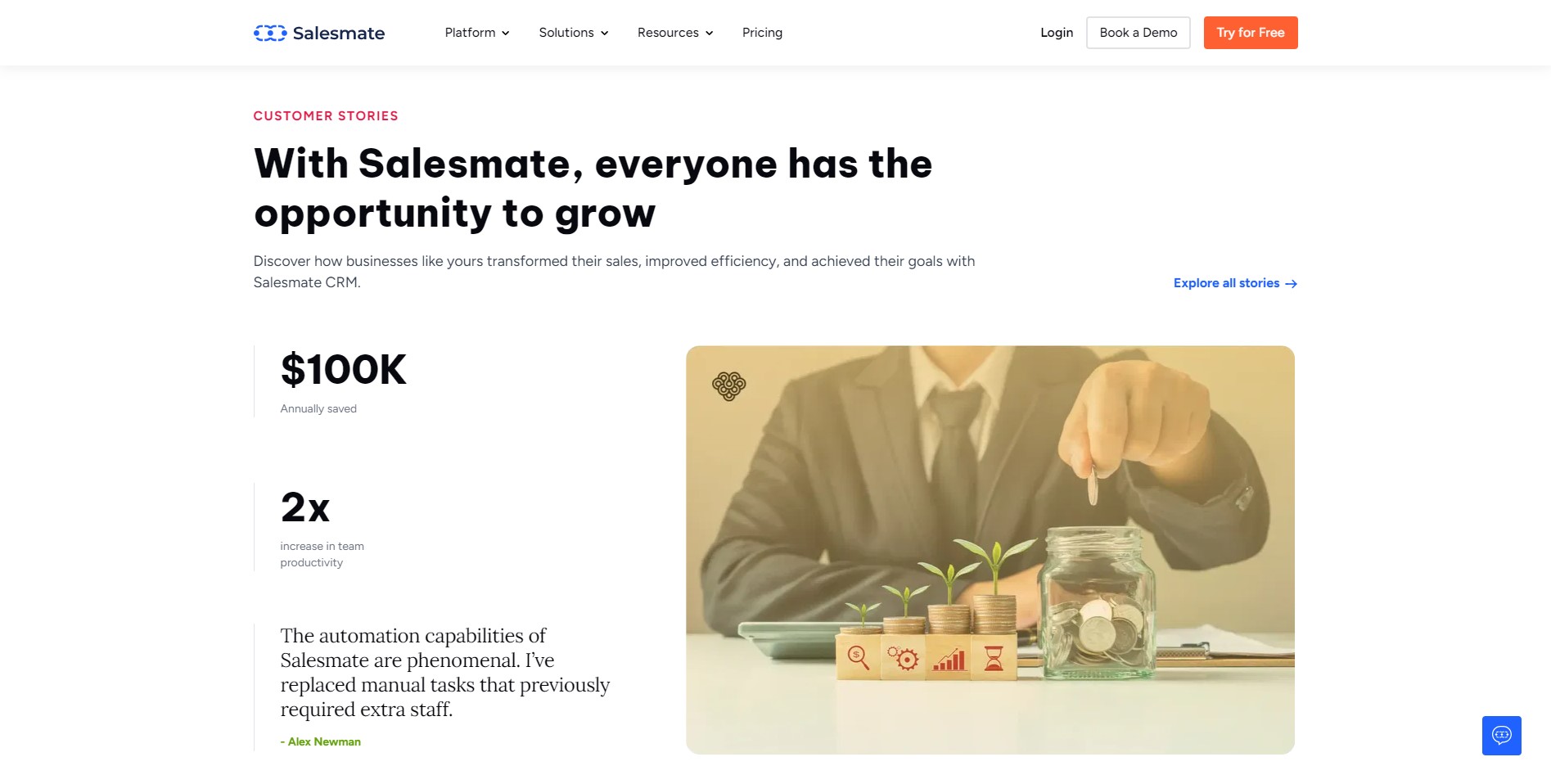 An aggregate display of positive customer feedback and a 4.8-star average rating, showcasing a strong Salesmate review from over 8,500 businesses.