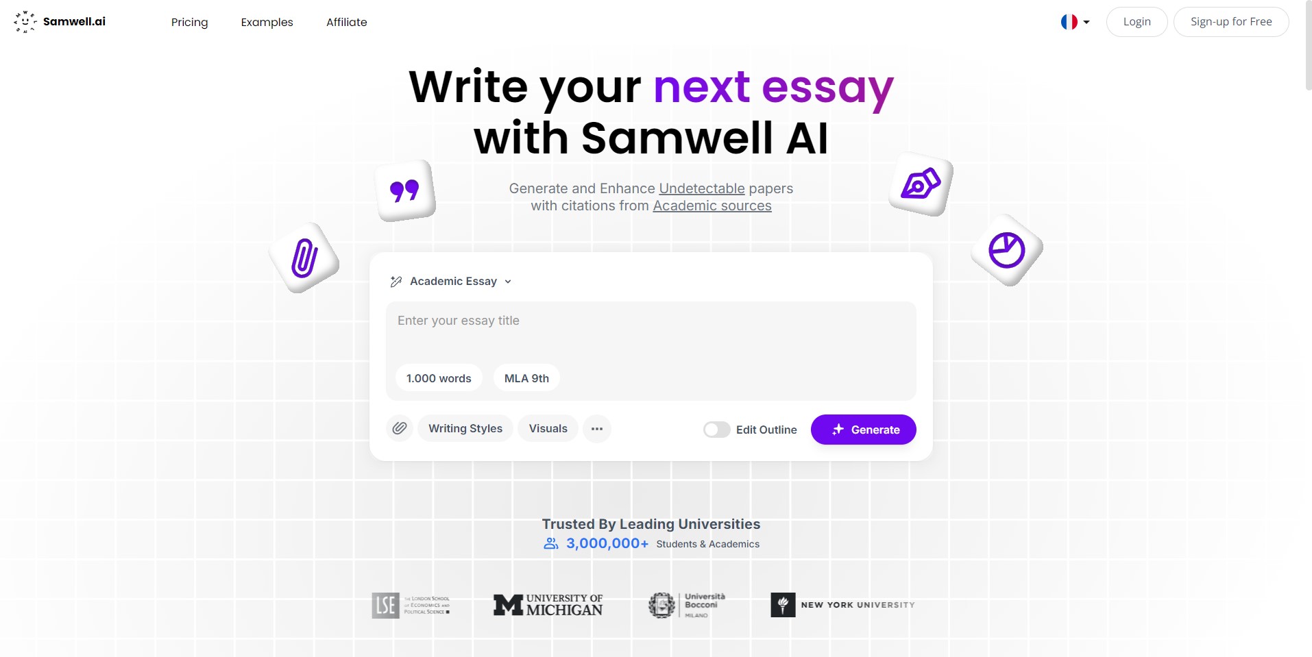Screenshot of Samwell AI homepage for academic writing in 2025.