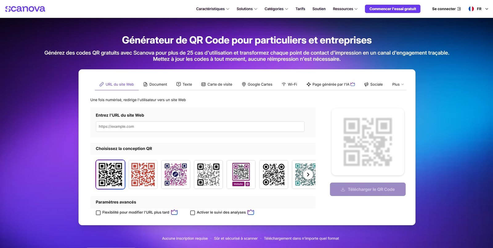 Scanova platform interface showing QR code generation options and analytics dashboard