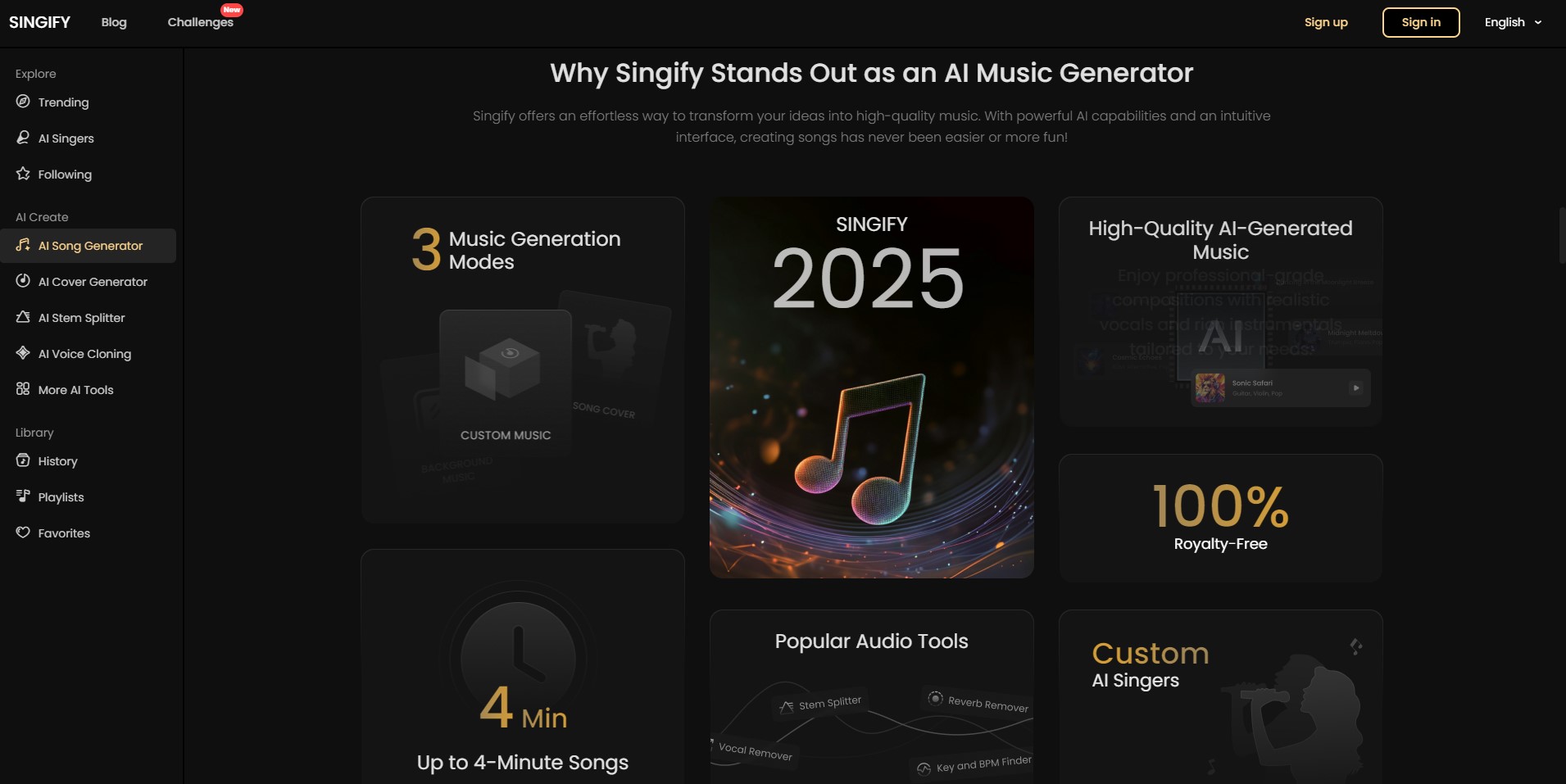 Singify AI music generator interface showing song creation options and diverse AI singers.