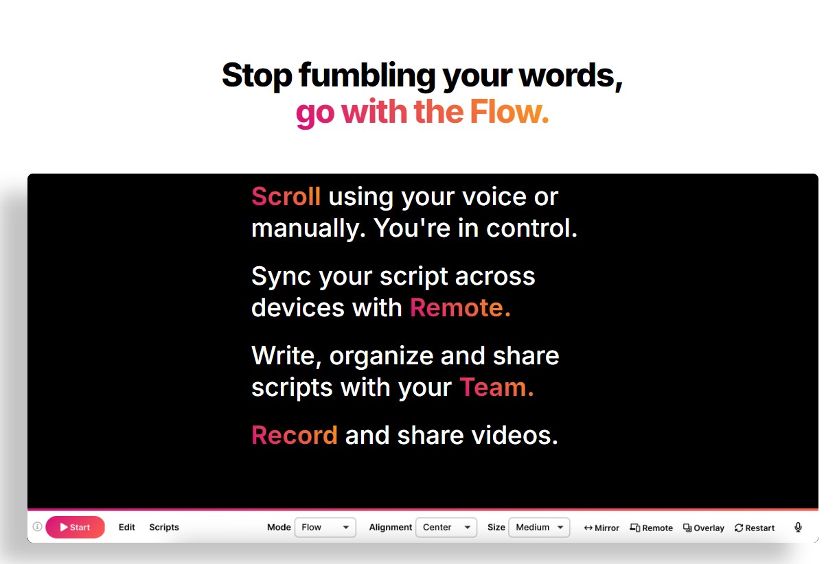 Screenshot of the Speakflow AI online teleprompter interface displaying script and recording options, highlighting its user-friendly design and AI-powered features for video creation