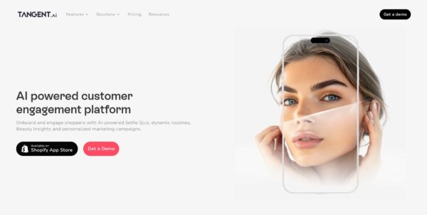 Tangent AI Selfie Quiz interface showing personalized skin analysis for a beauty brand