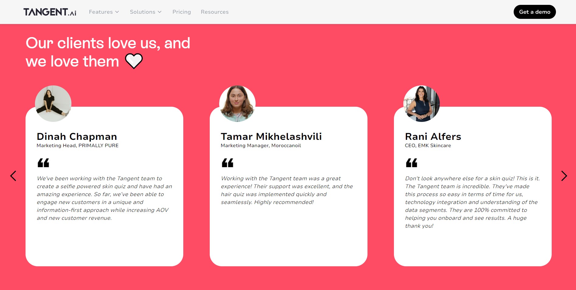 Tangent AI Review showing 5-star rating and a positive client testimonial