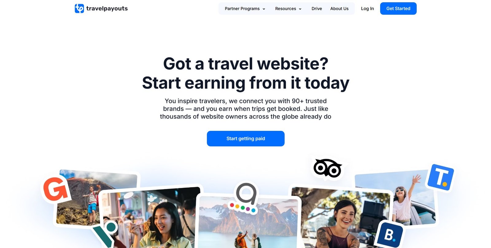 Travelpayouts logo and platform interface elements representing travel affiliate marketing