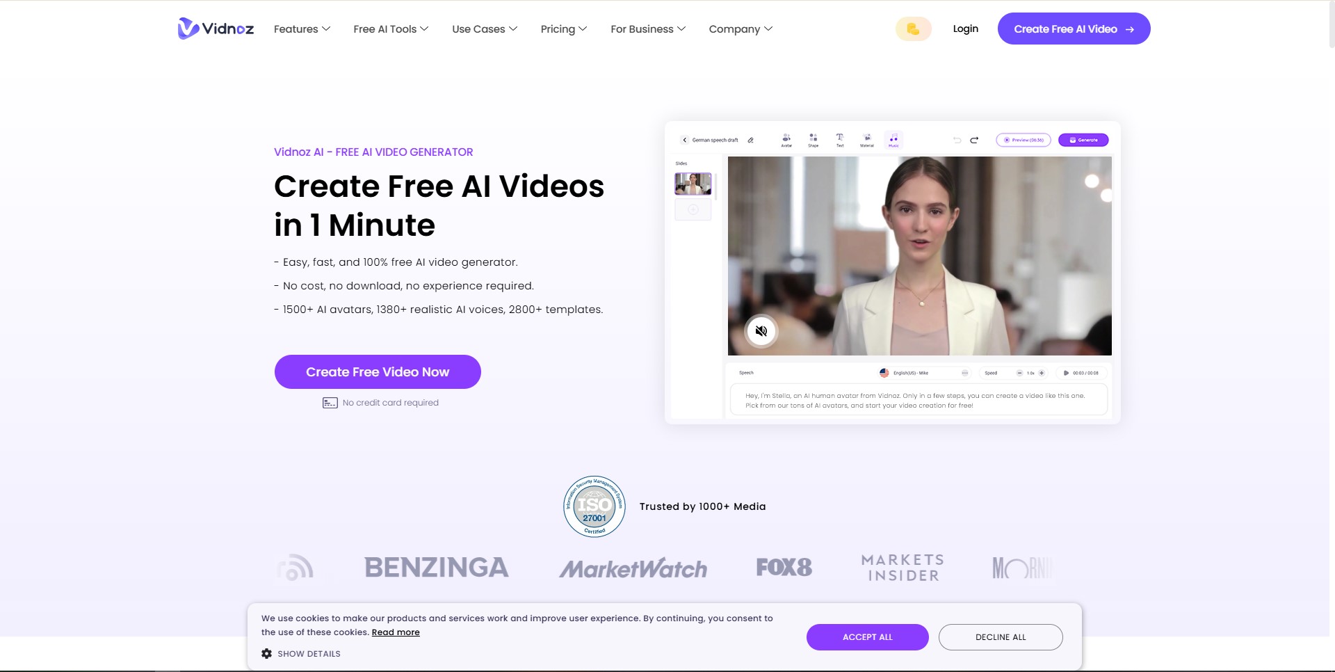 Vidnoz AI dashboard interface with intuitive video creation tools.