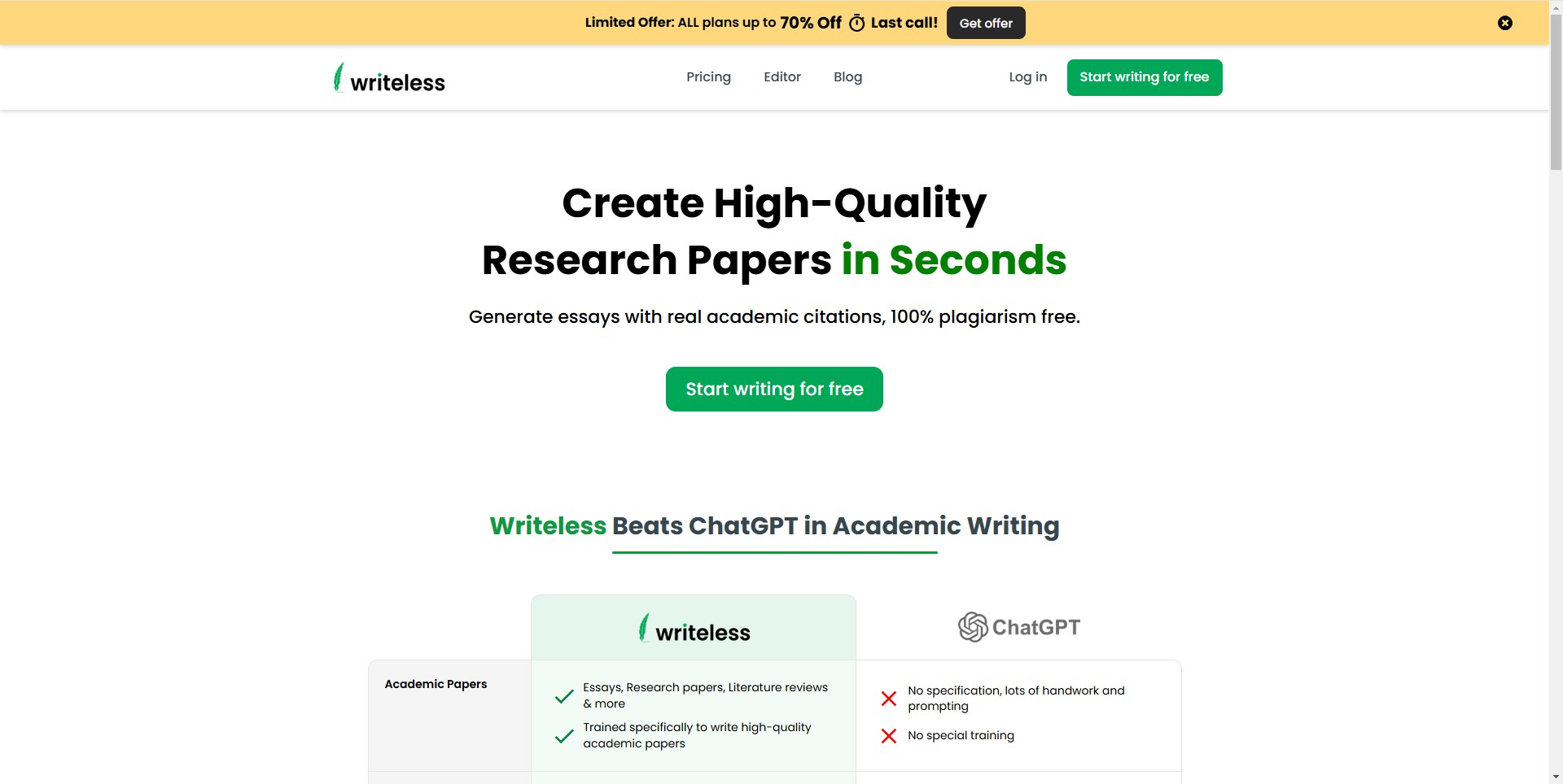 Generate high-quality academic papers with Writeless AI tool