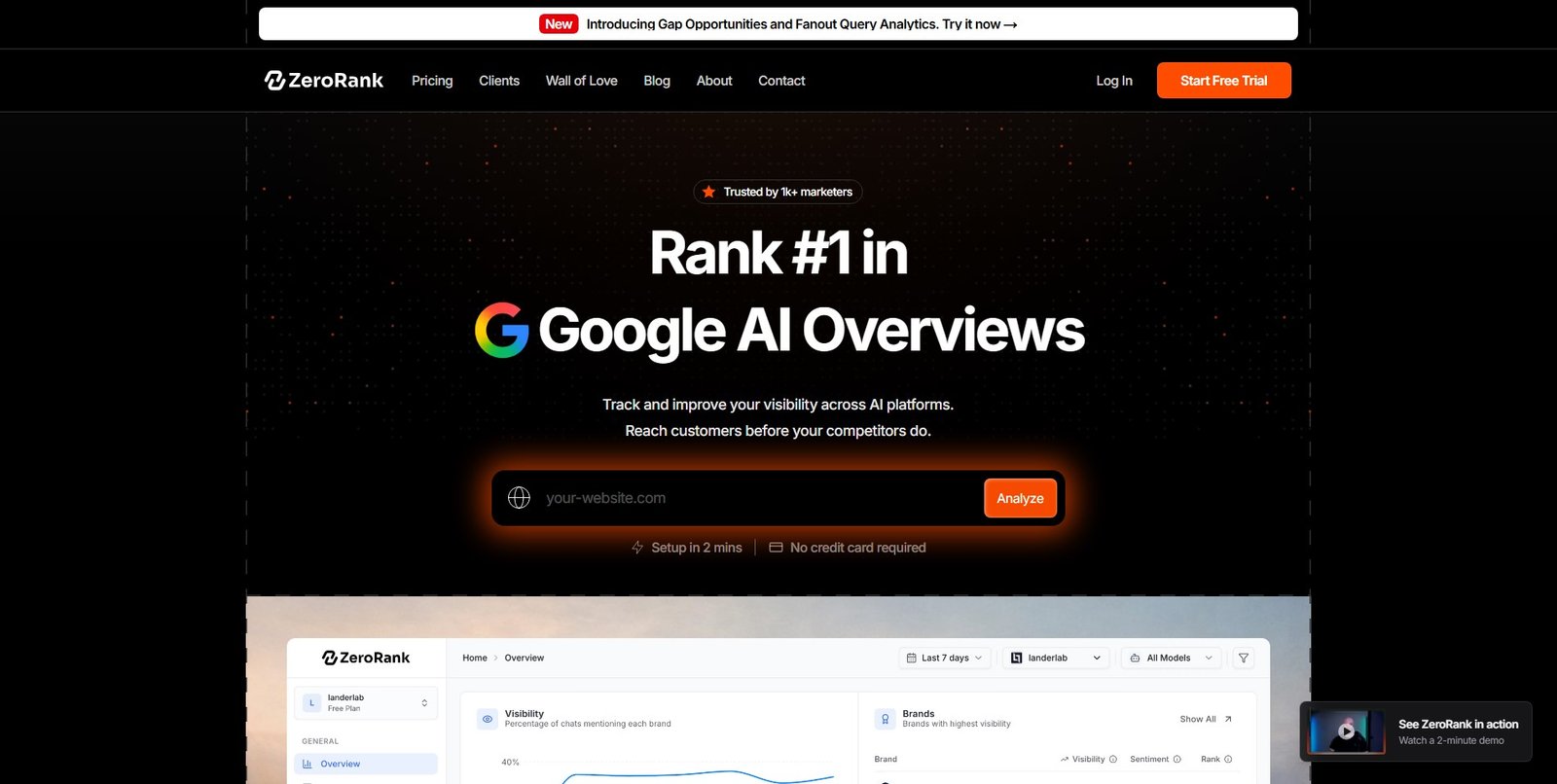 Screenshot of the ZeroRank AI homepage, showcasing its interface for AI search optimization.