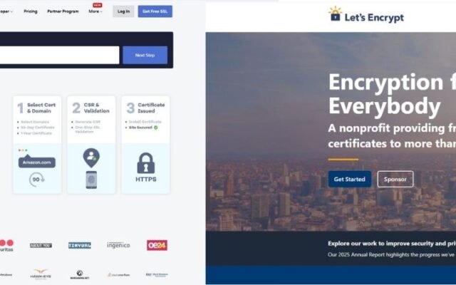 Comparison of ZeroSSL and Let's Encrypt logos side-by-side, representing a choice between free SSL providers.