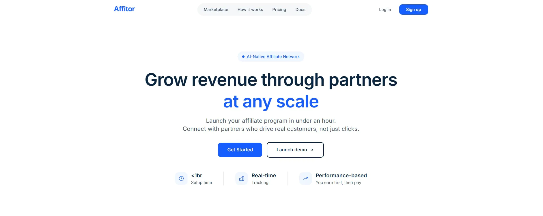 Screenshot of the Affitor homepage, showing 'The AI-native affiliate network' and 'Built for modern SaaS companies'.