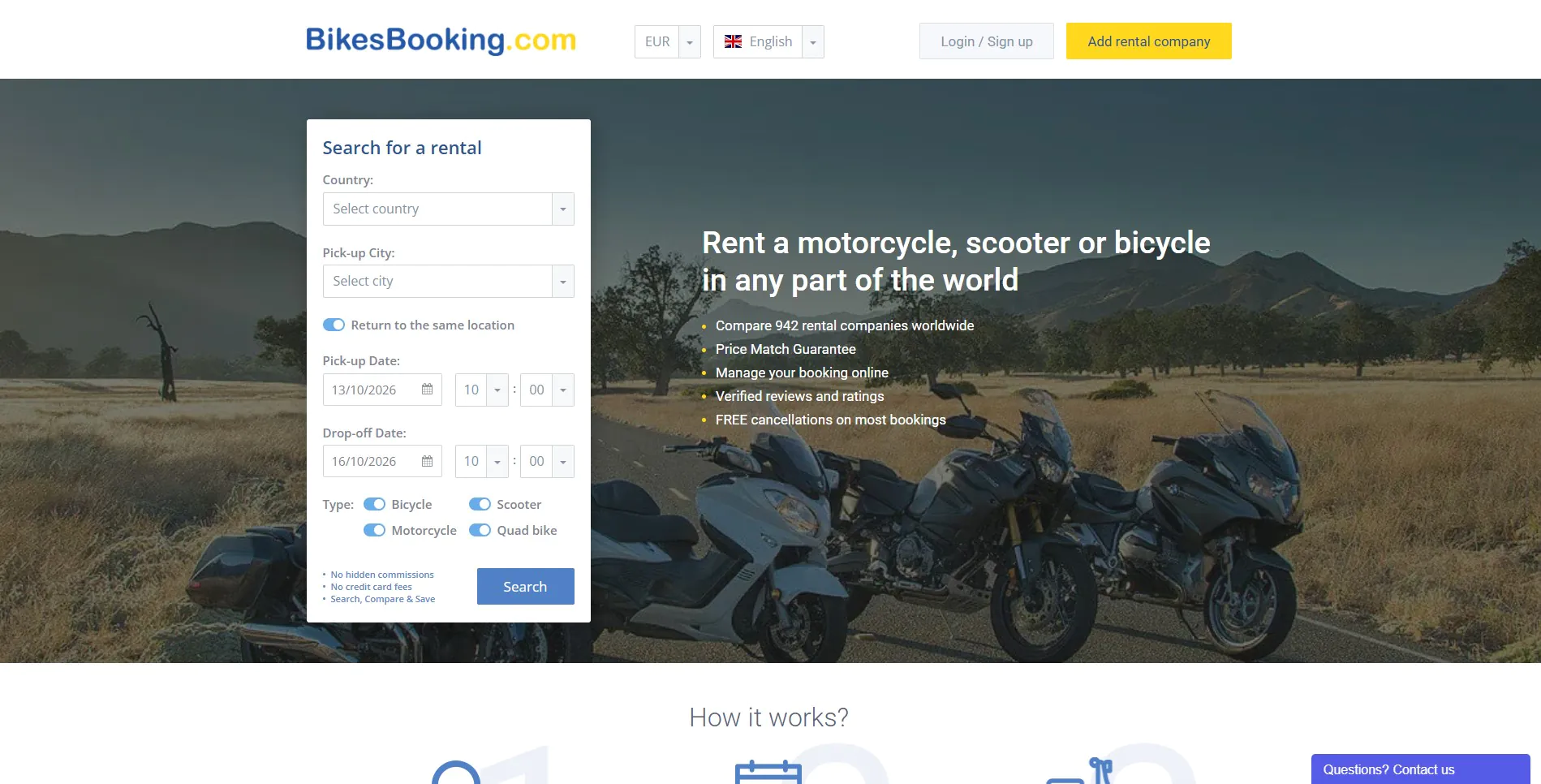 BikesBooking logo and vehicles like motorcycles, scooters, bicycles, ATVs, and buggies representing rental options.