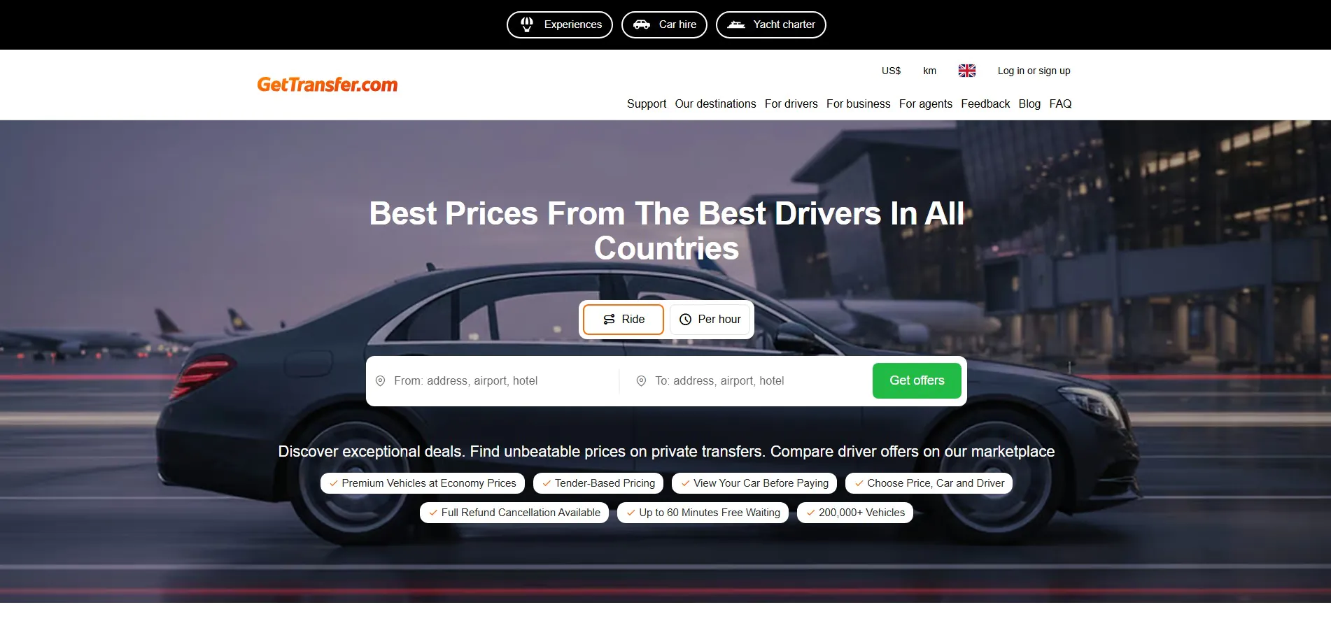 GetTransfer.com logo and text, indicating a global marketplace for various transportation services.