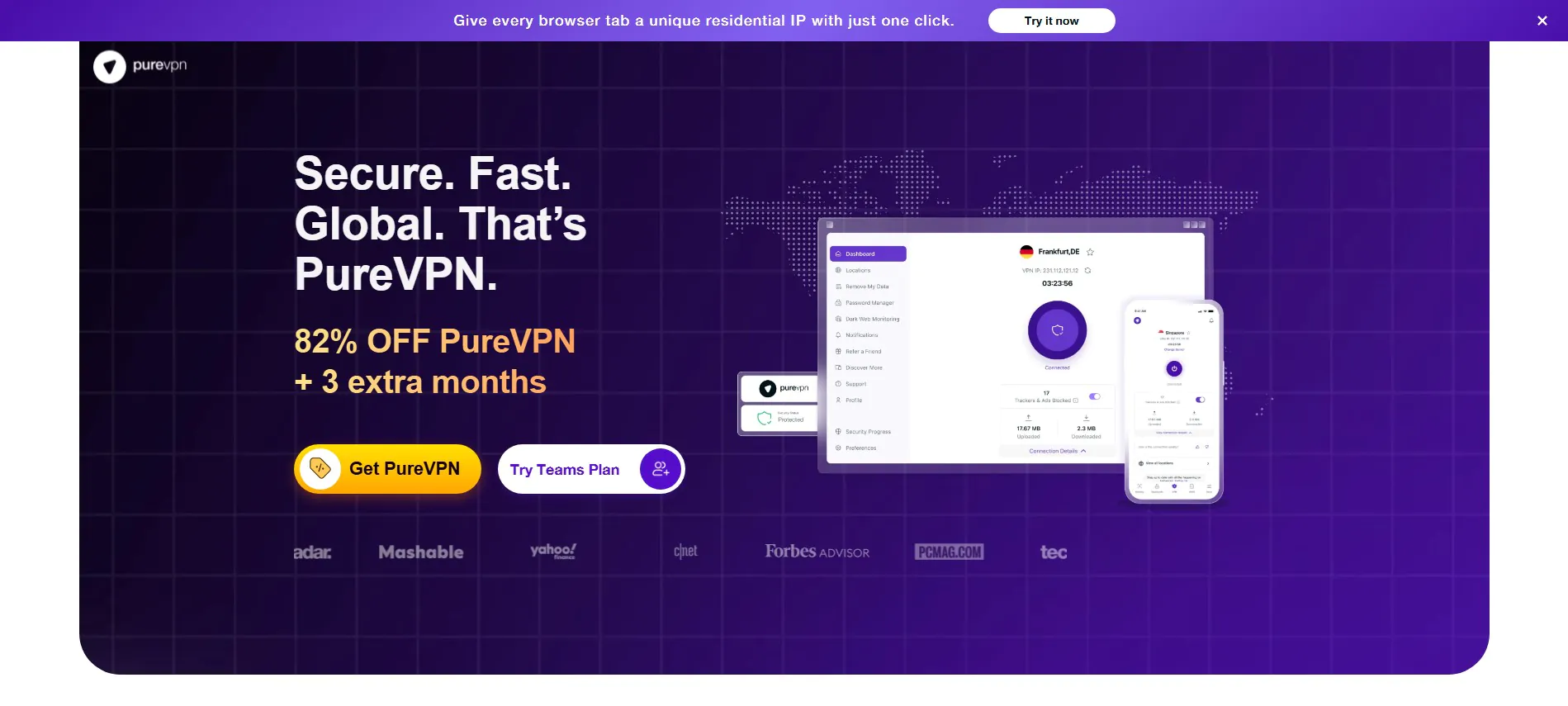 PureVPN logo and branding elements.